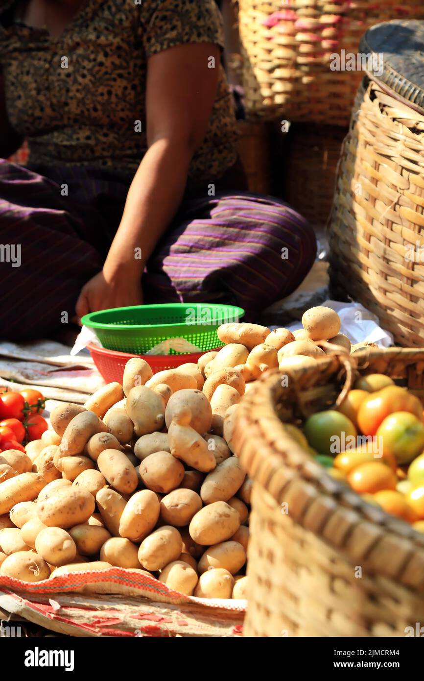 Vegetable vendor at Mani Sithu Market. Nyaung-U, Myanmar Stock Photo