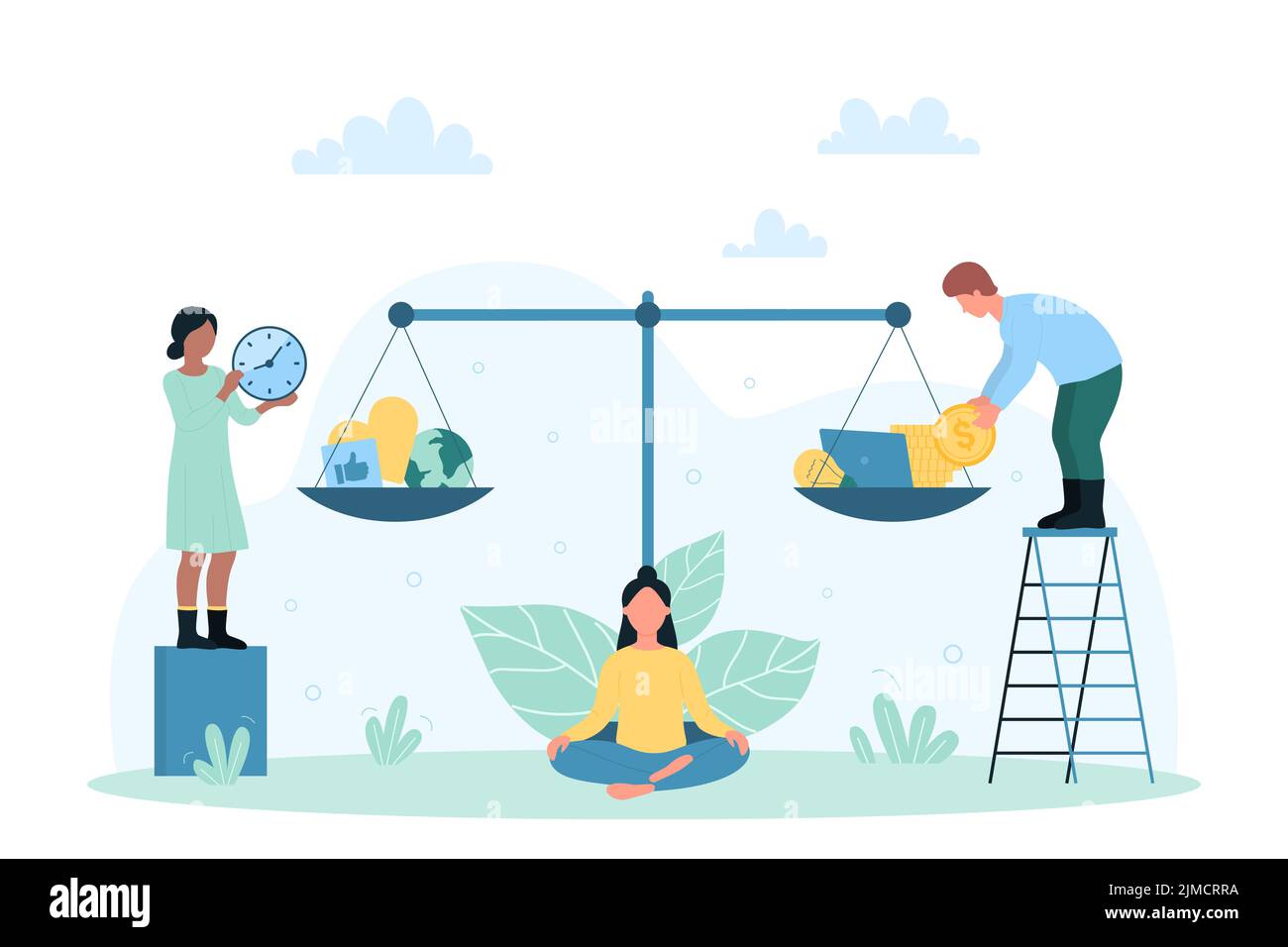 Comparison of work life balance vector illustration. Cartoon tiny man ...