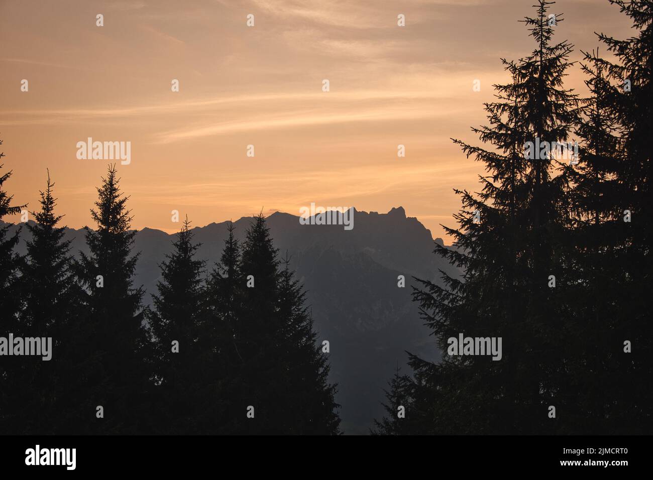 A stunning landscape of the Leogang Mountains in Salzburg, Austria, behind a pine tree forest at sunrise Stock Photo