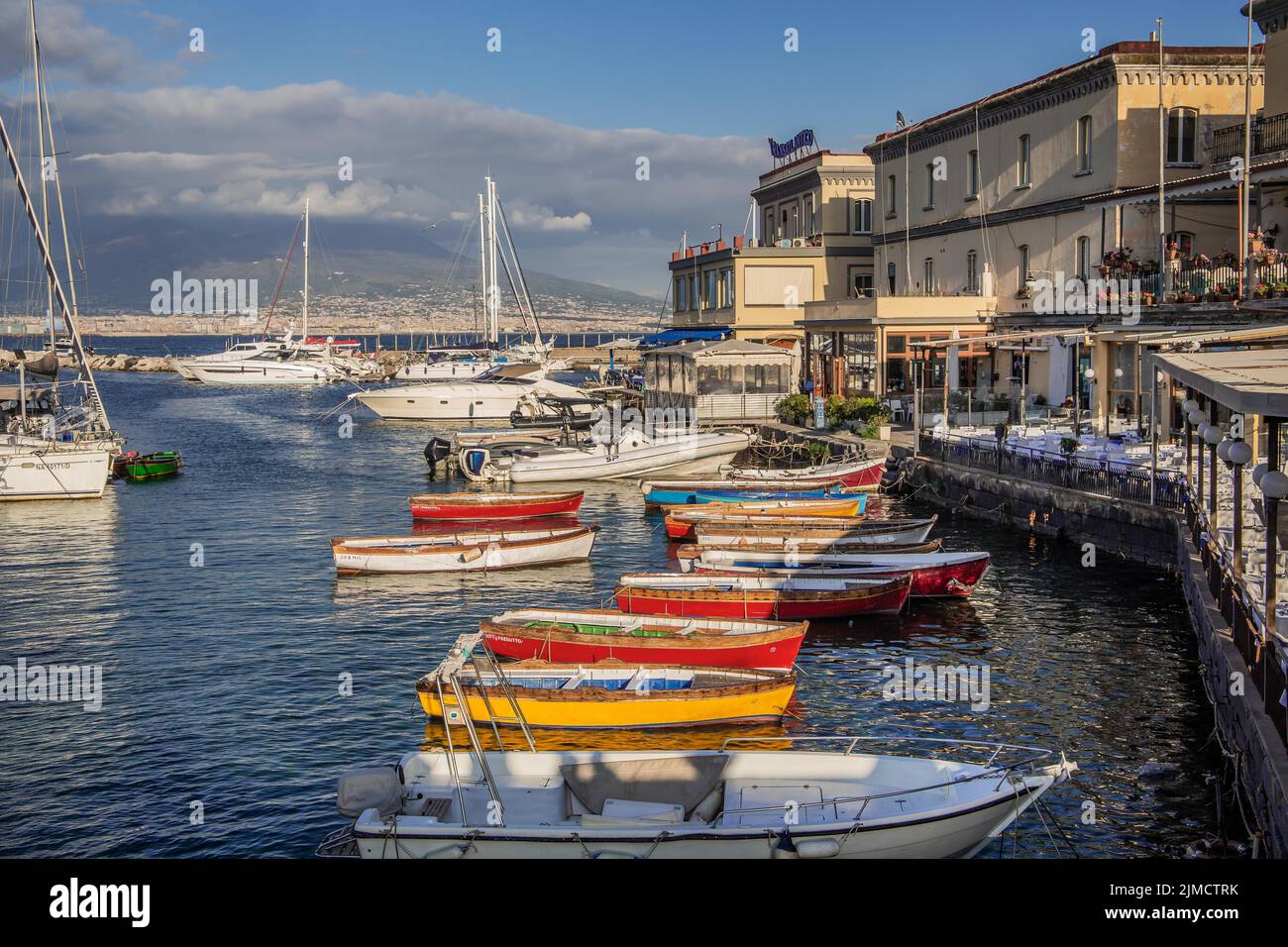 Fishing port Santa Lucia with restaurant terraces, Naples, Gulf of Naples, Campania, Southern Italy, Italy, Europe Stock Photo