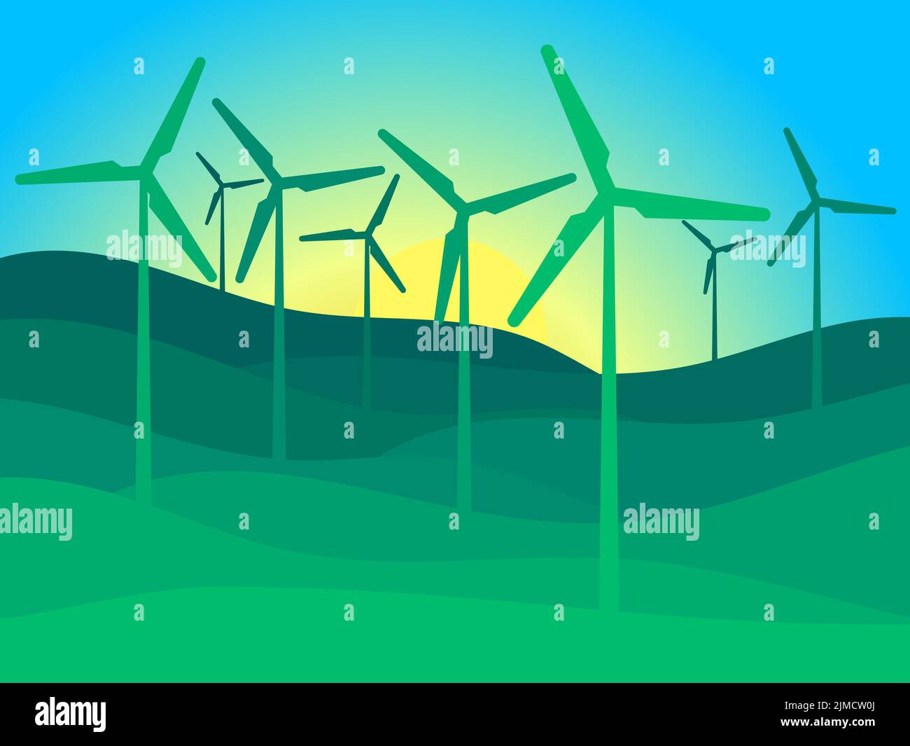 Landscape with wind turbines. Green energy concept, wind turbine silhouettes. Renewable energy, clean electricity production. Eco-friendly wind energy Stock Vector