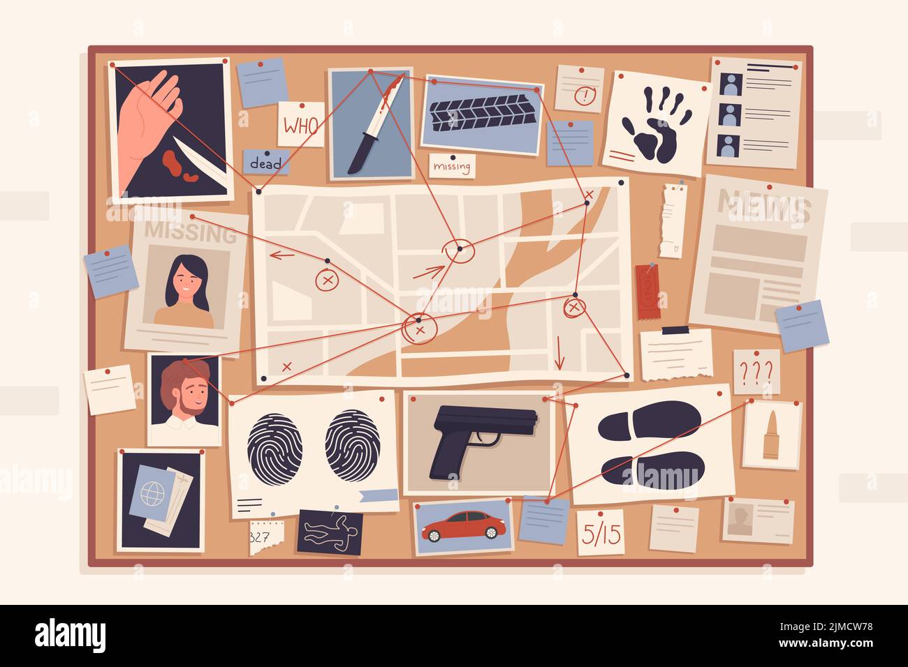 Crime evidence board with pins and red thread connecting scheme vector illustration. Cartoon detective investigation pinboard with paper map, photos and pictures to investigate murder background Stock Vector