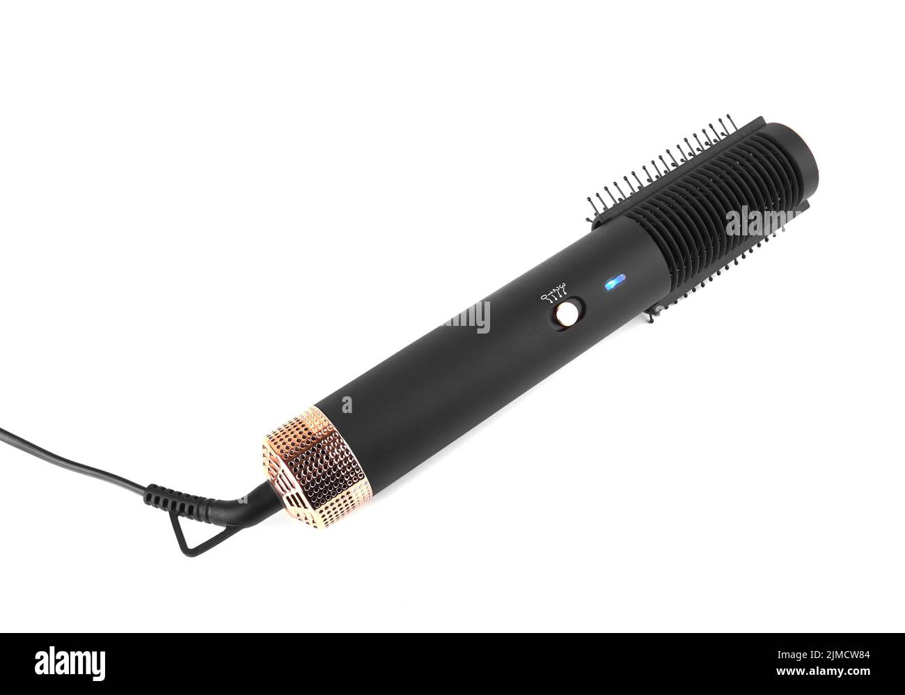 Modern hair dryer with comb brushing isolated on white background Stock