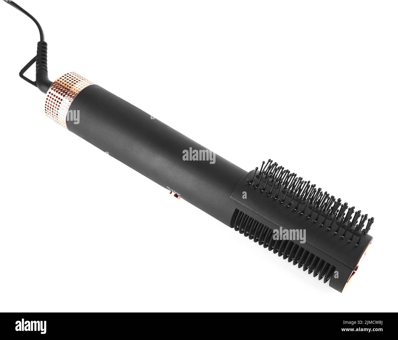 Modern hair dryer with comb brushing isolated on white background Stock