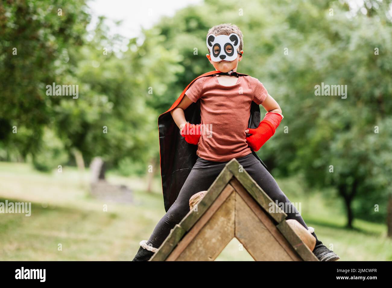 Confident boy with superhero cape and panda mask holding hands on waist and looking at camera while sitting on top of timber structure on blurred back Stock Photo