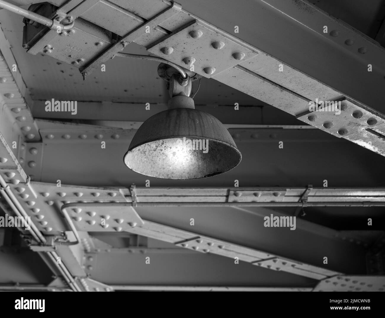 Black and white, old ceiling lighting in a factory, Graefenhainichen