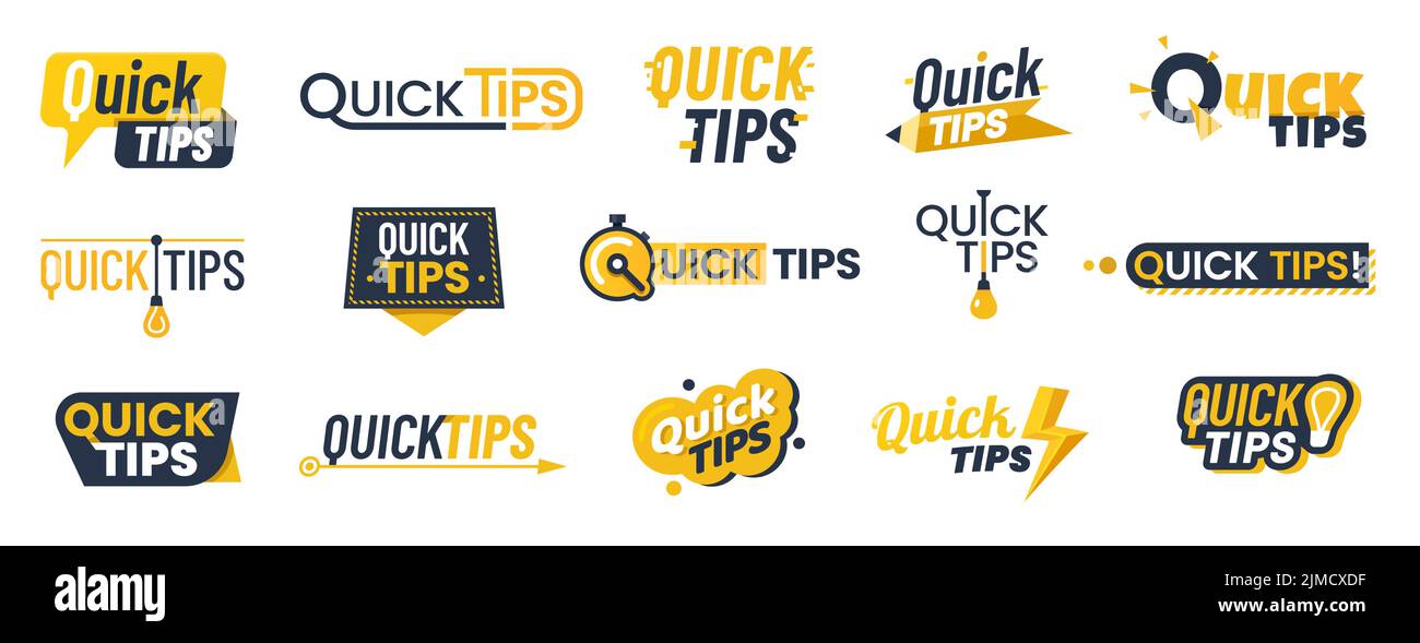 Quick tips icons, badges, advice and idea bulb or trick suggestions ...