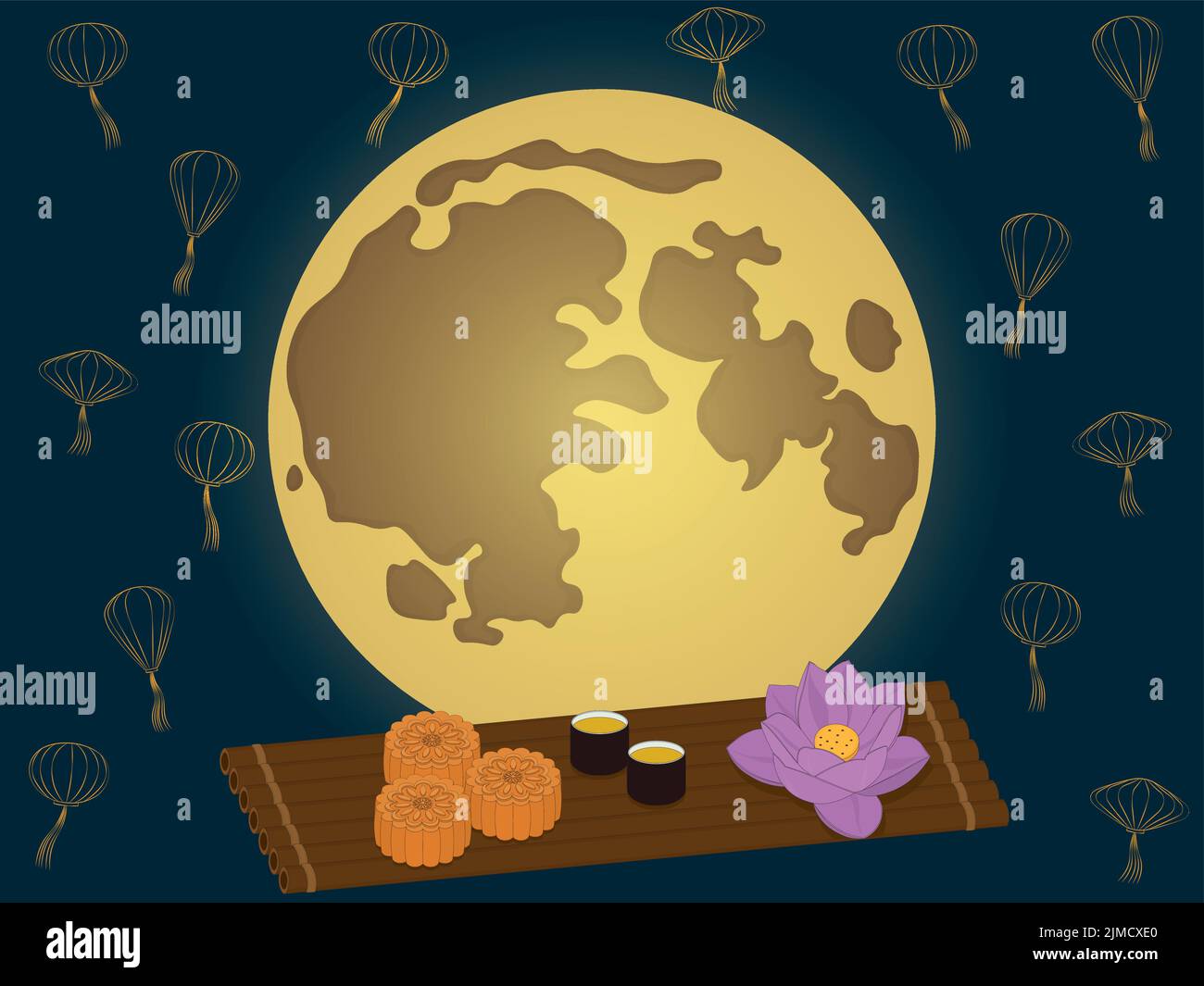 Asian mid autumn festival vector illustration with full moon, mooncake, lotus flower and lanterns Stock Vector