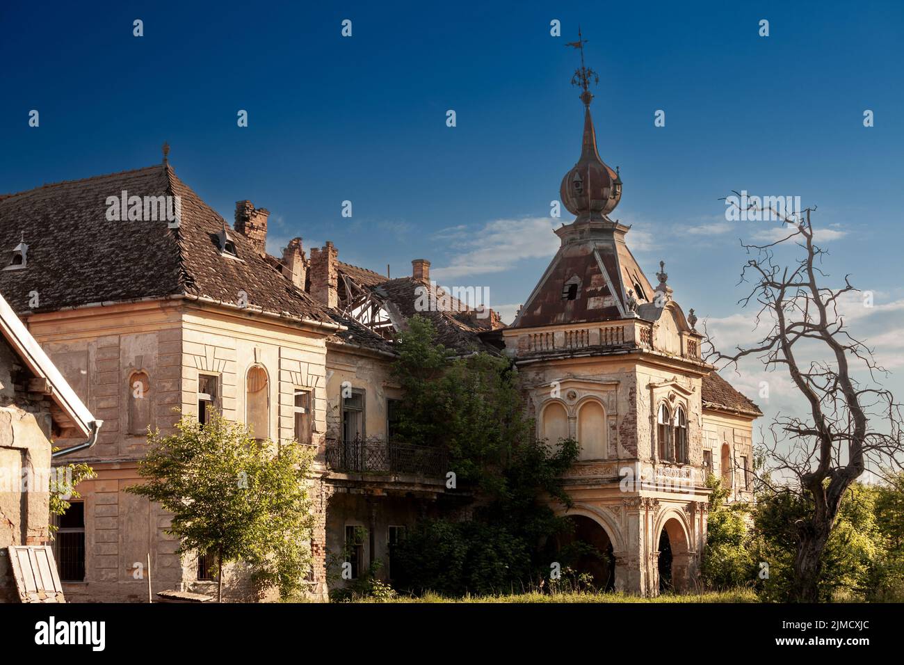 Picture of the facade of the palace of Vlajkovac in derelict. Vlajkovac Castle is located in Vlajkovac , Province of Vojvodina , Municipality of Vršac Stock Photo