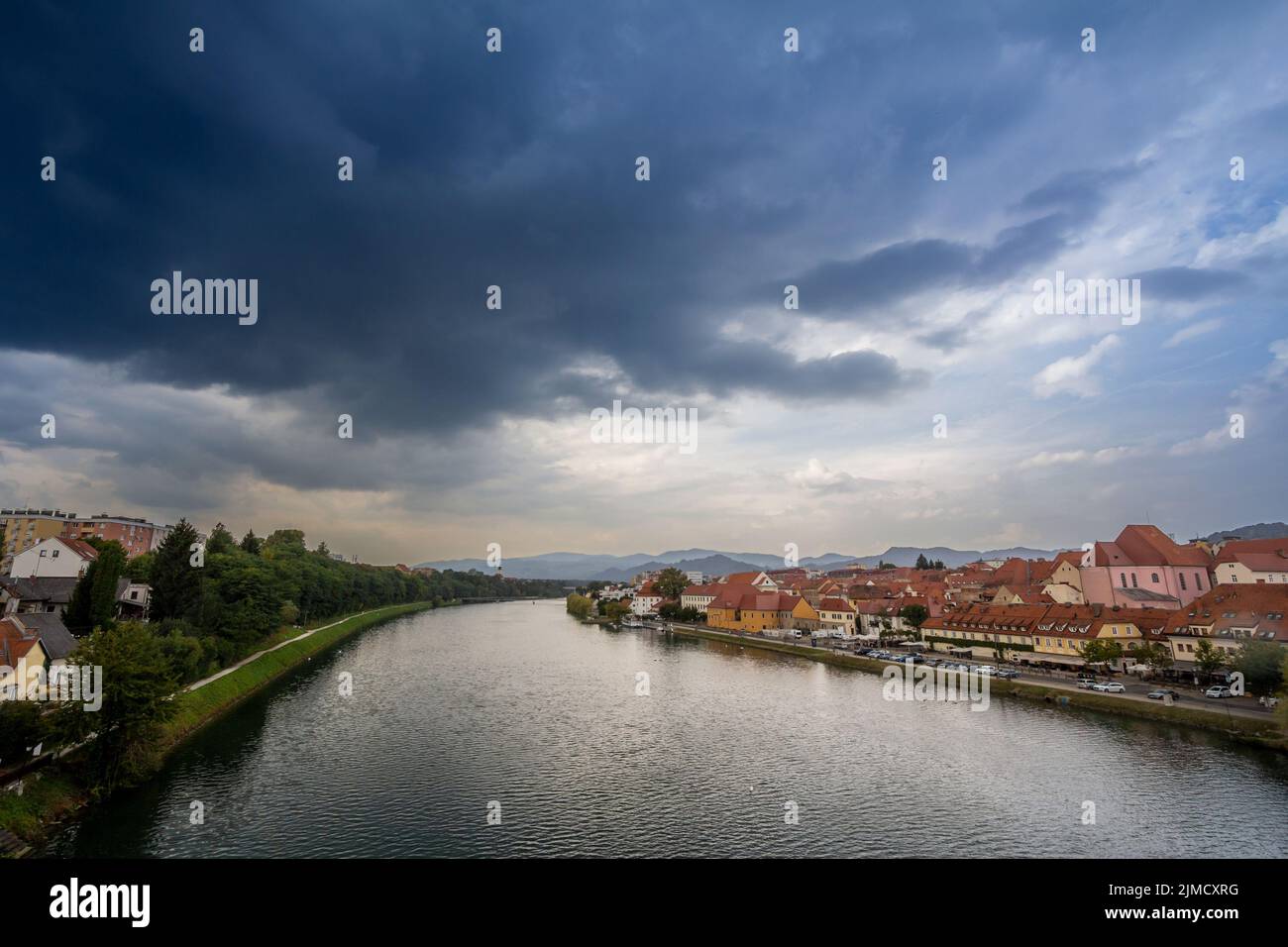 Picture of a panorama of Maribor, Slovenia, seen from Drava river. Maribor is the second-largest city in Slovenia and the largest city of the traditio Stock Photo