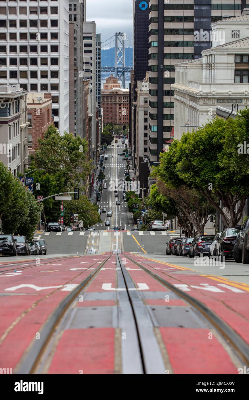 California Street, steep street with cable car tracks, San Francisco, California, USA Stock Photo