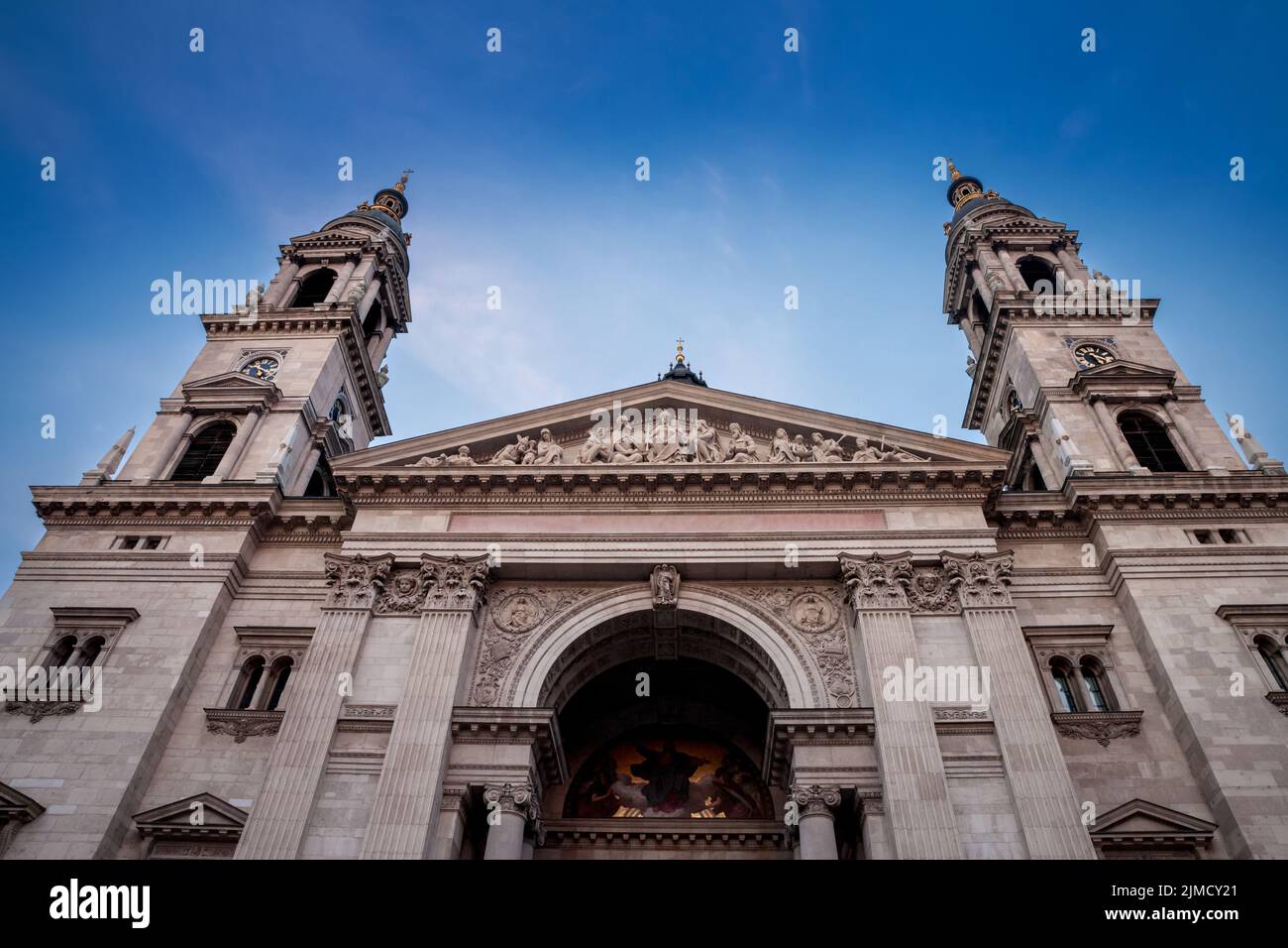 Picture of the main facade of the Szent Istvan basilica Church in the city center of Budapest, Hungary. St. Stephen's Basilica is a Roman Catholic bas Stock Photo