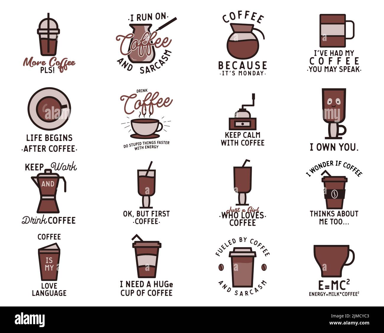 Various vector stickers with coffee drinks and texts Stock Vector