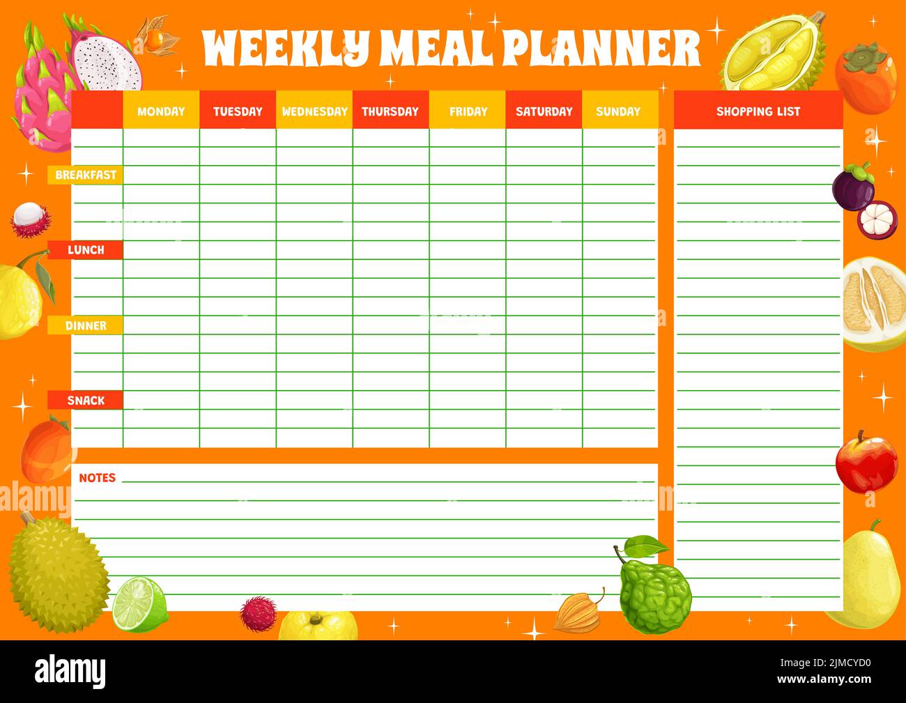 Weekly meal planner with tropical fruits, vector food plan for week ...