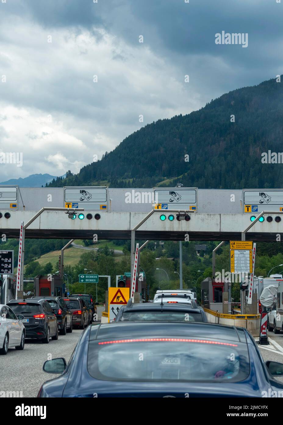 Waiting cars, toll booth on the Brenner motorway between Austria and
