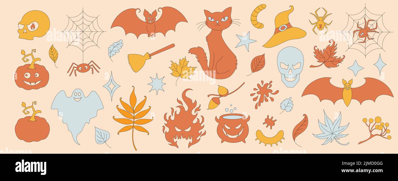 Pumpkin, spider, skull, web, bat, cat, hat. Stock Vector