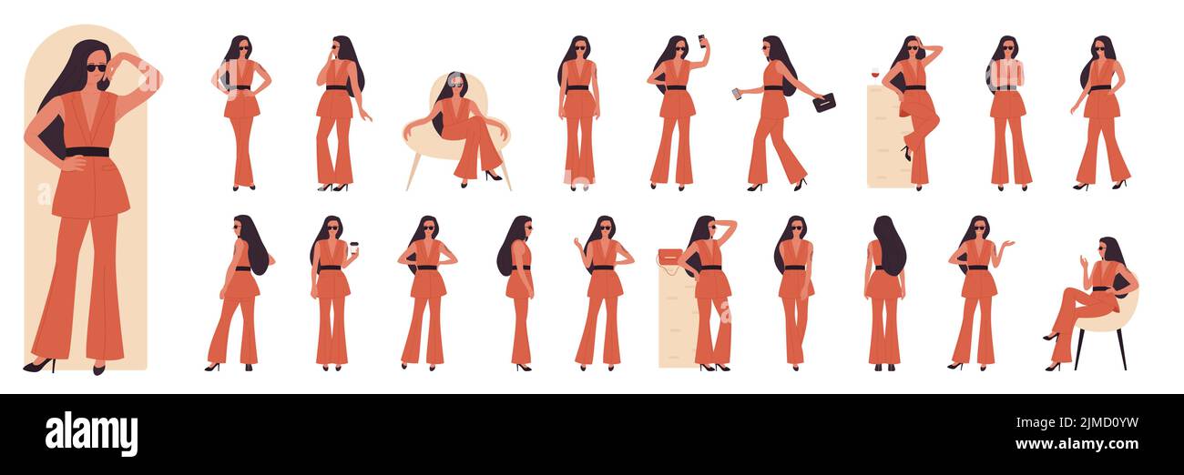 Fashion woman poses set vector illustration. Cartoon young lady model with red fashionable elegant clothes, stylish high heel shoes, sunglasses and long black hair standing, collection isolated white Stock Vector