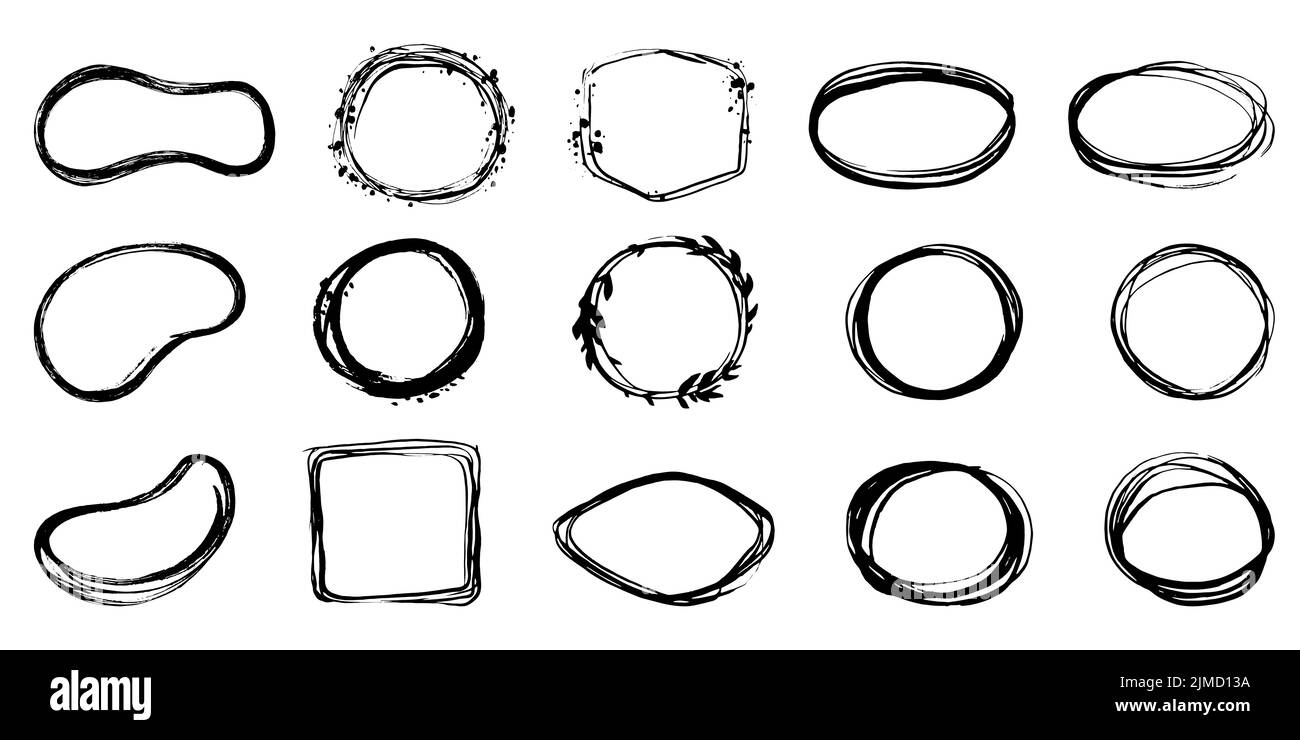 Modern linear frames in an ink style. Various shapes of frames, vector