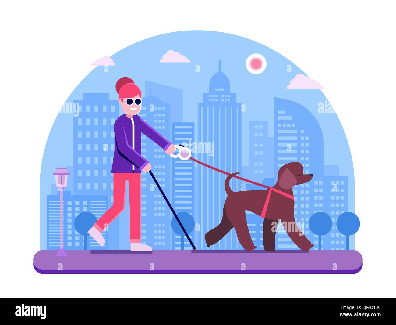 Modern Girl Walking with Guide Dog on City Stock Vector