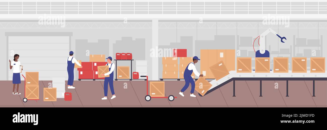 Factory warehouse with workers and manager, industrial inventory infographic vector illustration. Cartoon people sorting, loading boxes on conveyor belt with robot machines in stockroom background Stock Vector