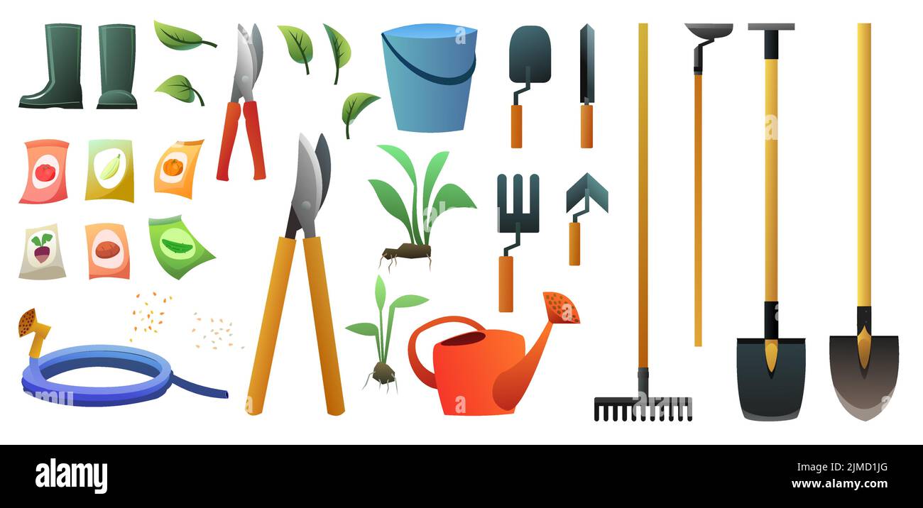 Set of garden tools. Agricultural rural work. Shovels rakes and hoes ...