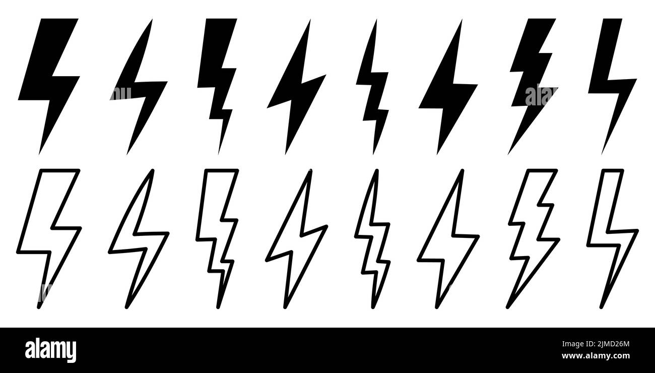 Set of lightning bolt icons. Flat and line art style. Symbol for website design, logo, app, UI. Vector illustration, EPS10 Stock Vector