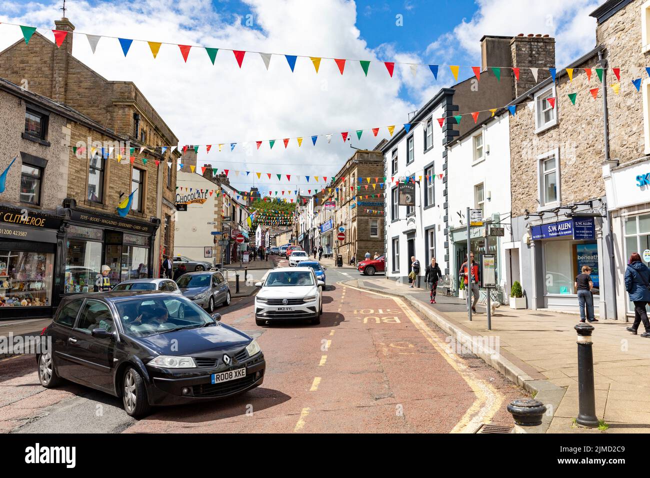 Clitheroe town centre, shops and businesses on castle street, summers day,Lancashire,UK,summer 2022 Stock Photo