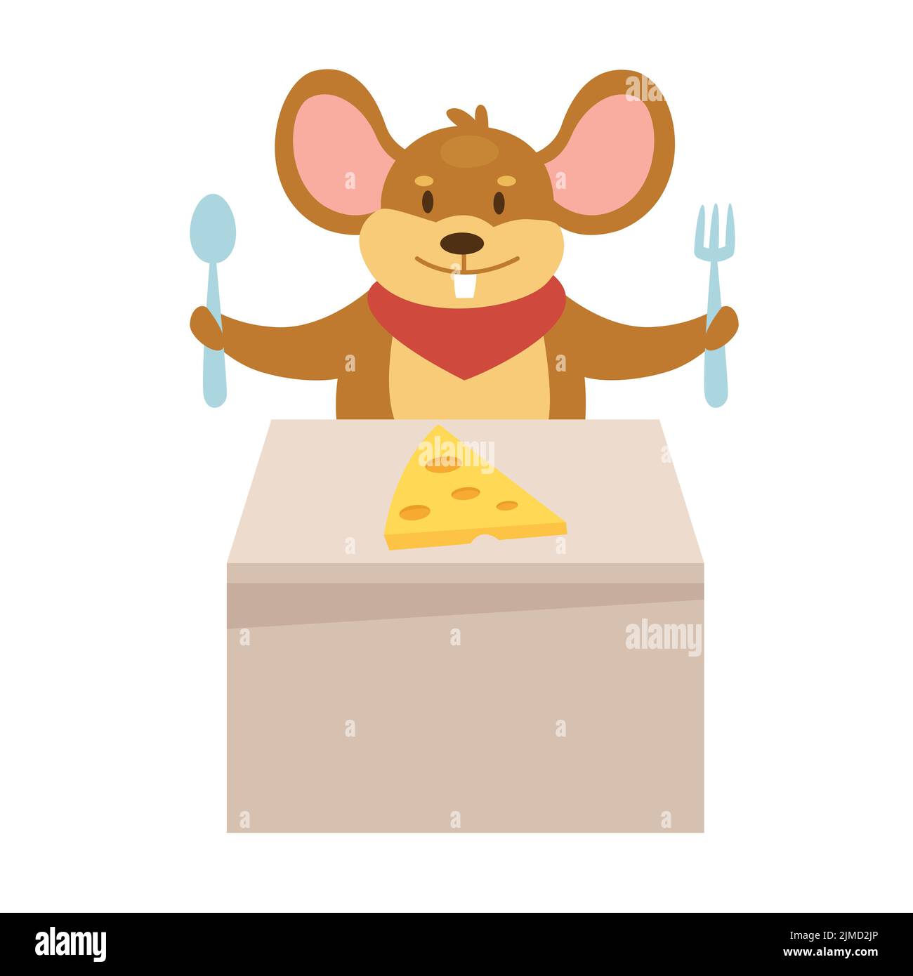 Mouse eating cheese on a table. Feeding time, rodent animal food vector illustration Stock Vector