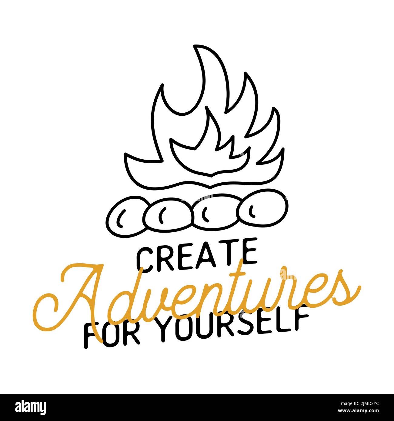 Linear logo with campfire and text on white background Stock Vector