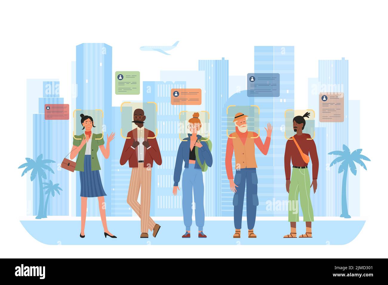 Face recognition of people on city street vector illustration. Cartoon crowd of pedestrians walking on road under AI surveillance, control and identification with artificial intelligence system Stock Vector
