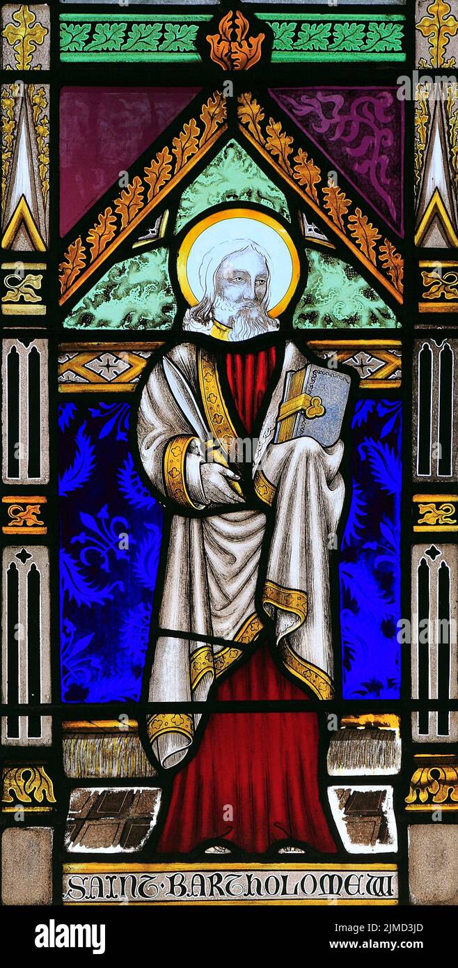 St. Bartholomew, stained glass window, by Joseph Grant of Costessey, 1856, Wighton, Norfolk, England Stock Photo