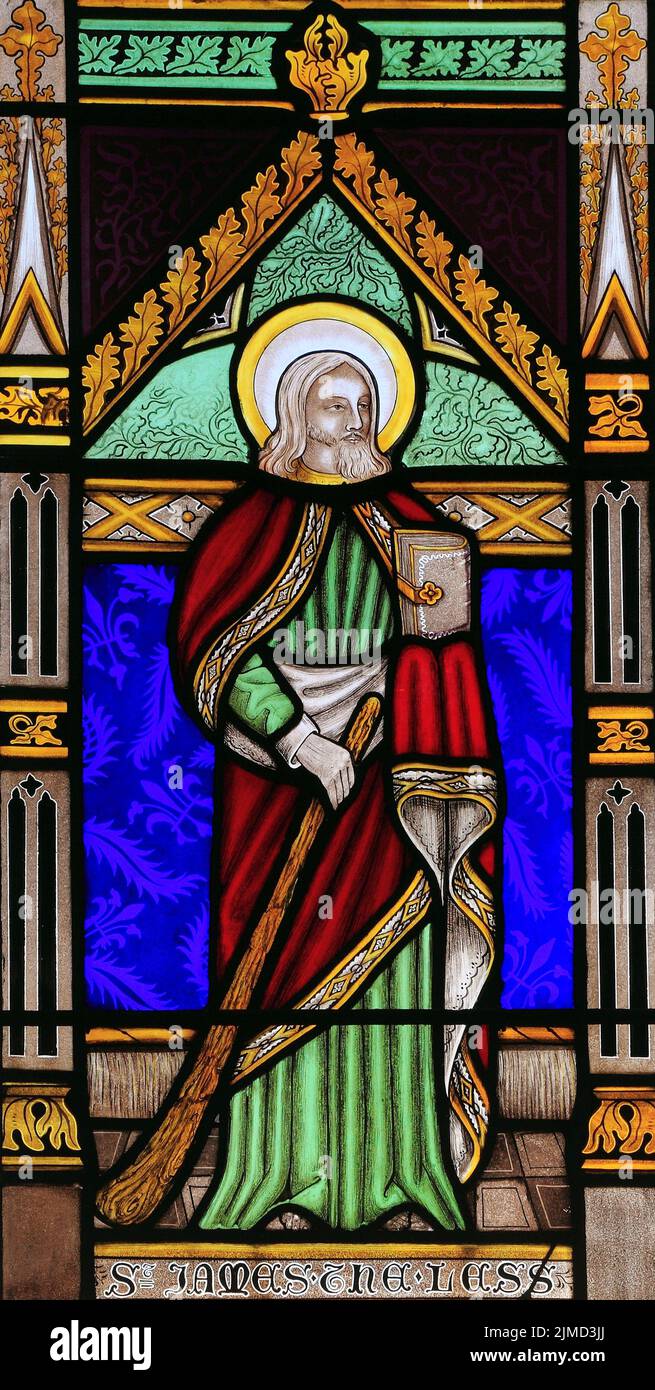 St. James the Less, saint, stained glass window, by Joseph Grant of Costessey, 1856, Wighton, Norfolk, England Stock Photo