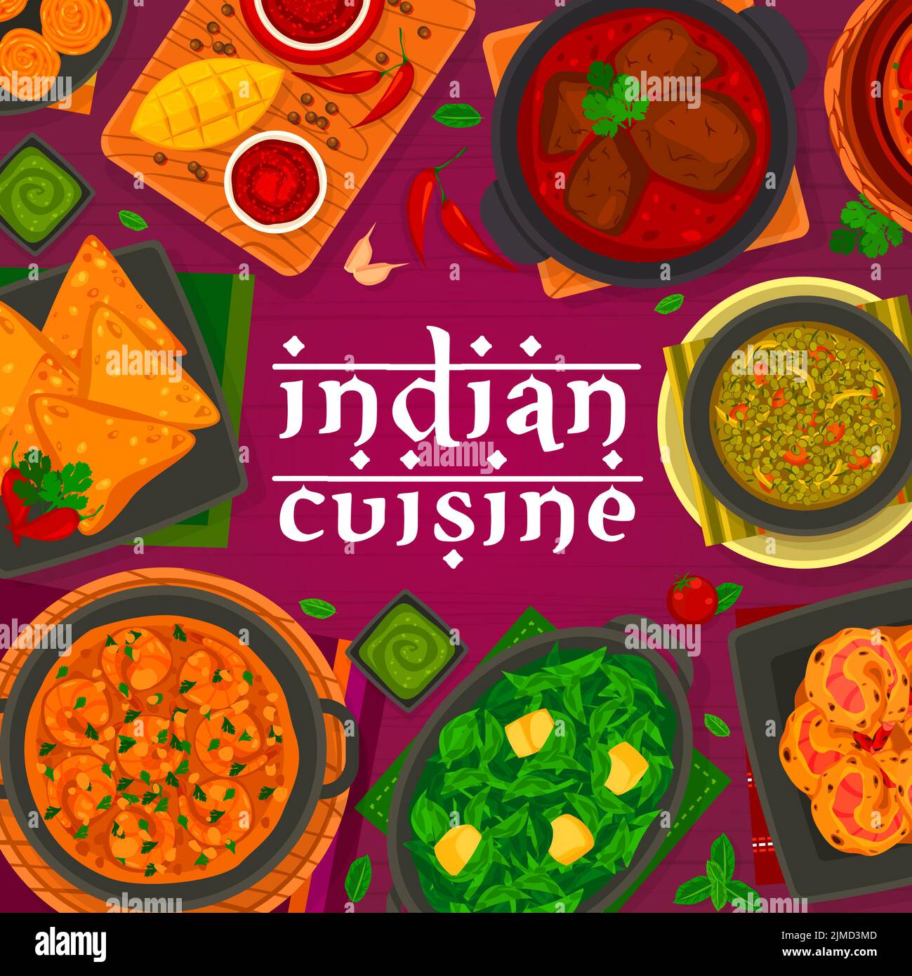 Indian cuisine menu cover, vector tandoori shrimp, tomato chutney, lamb