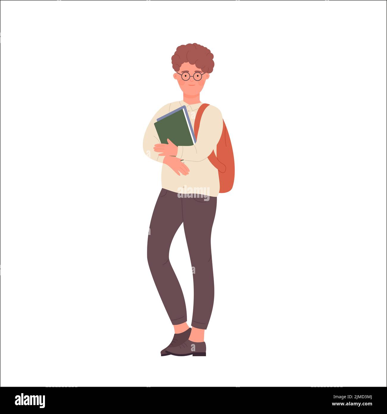 Nerd boy with backpack and books. Geeky teenager student ready to school vector illustration