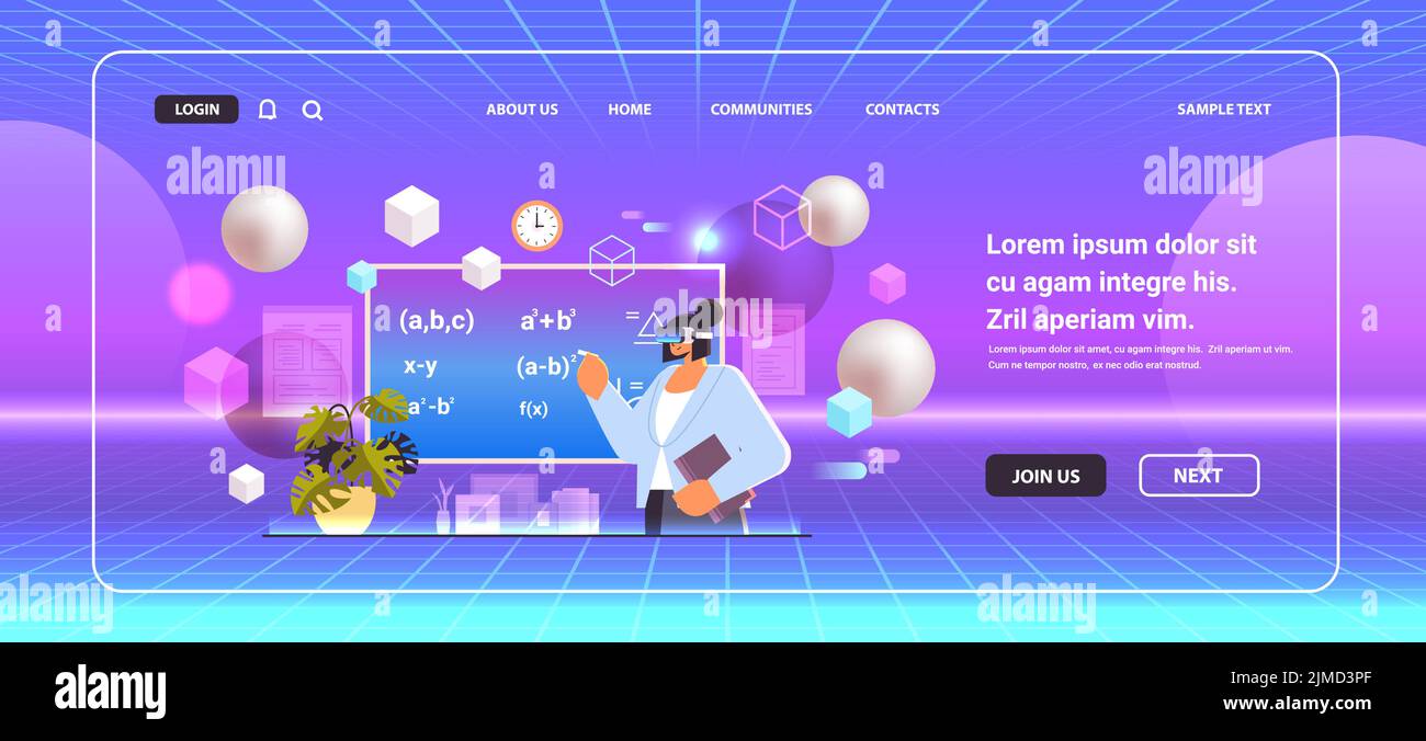teacher in virtual reality glasses solving math problem on digital
