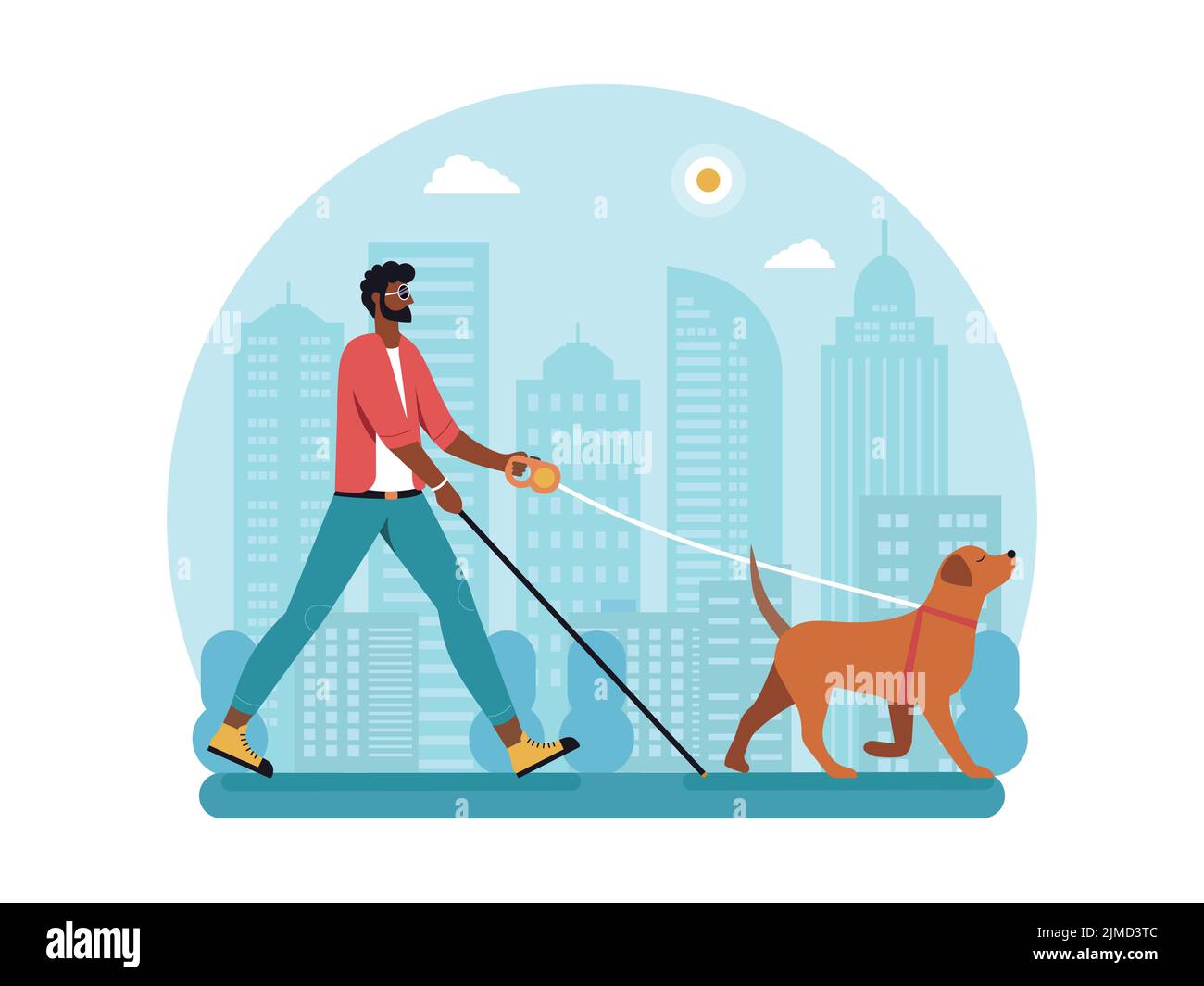 African American Blind Man Walking with Guide Dog Stock Vector