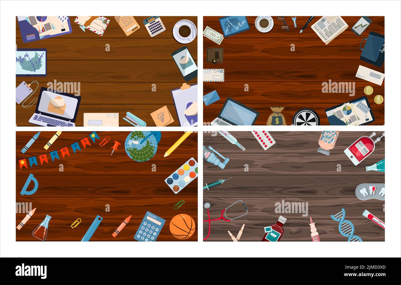 Vector tables with office, school and medical supplies. Pharmacy