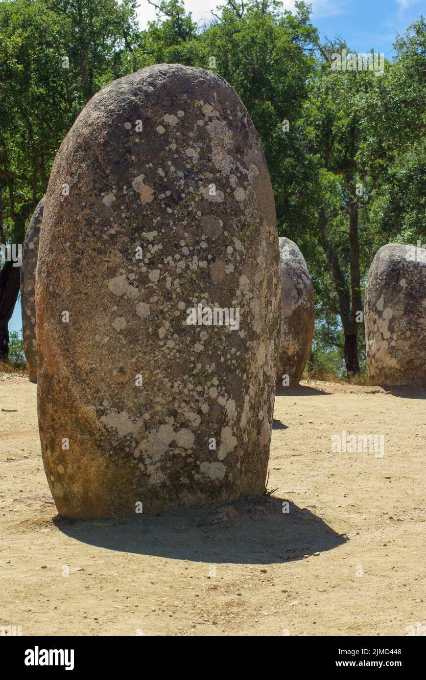 Megalith casts a shadow at neolithic site in Europe Stock Photo