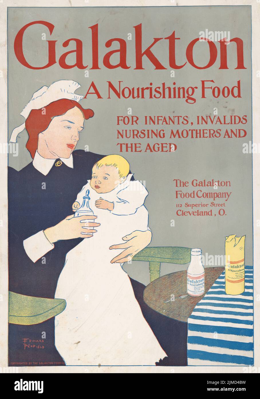 1890 ad for Galakton, a nourishing food for infants, invalids, nursing mothers, & the aged. Illustration by Edward Penfield Stock Photo