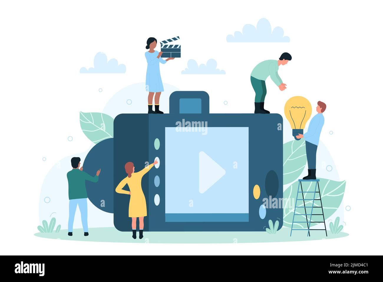 Backstage studio process with camera and tiny people. Cartoon staff making movie, photo and video, holding clapperboard and light bulb flat vector illustration. Photography, cinematography concept Stock Vector