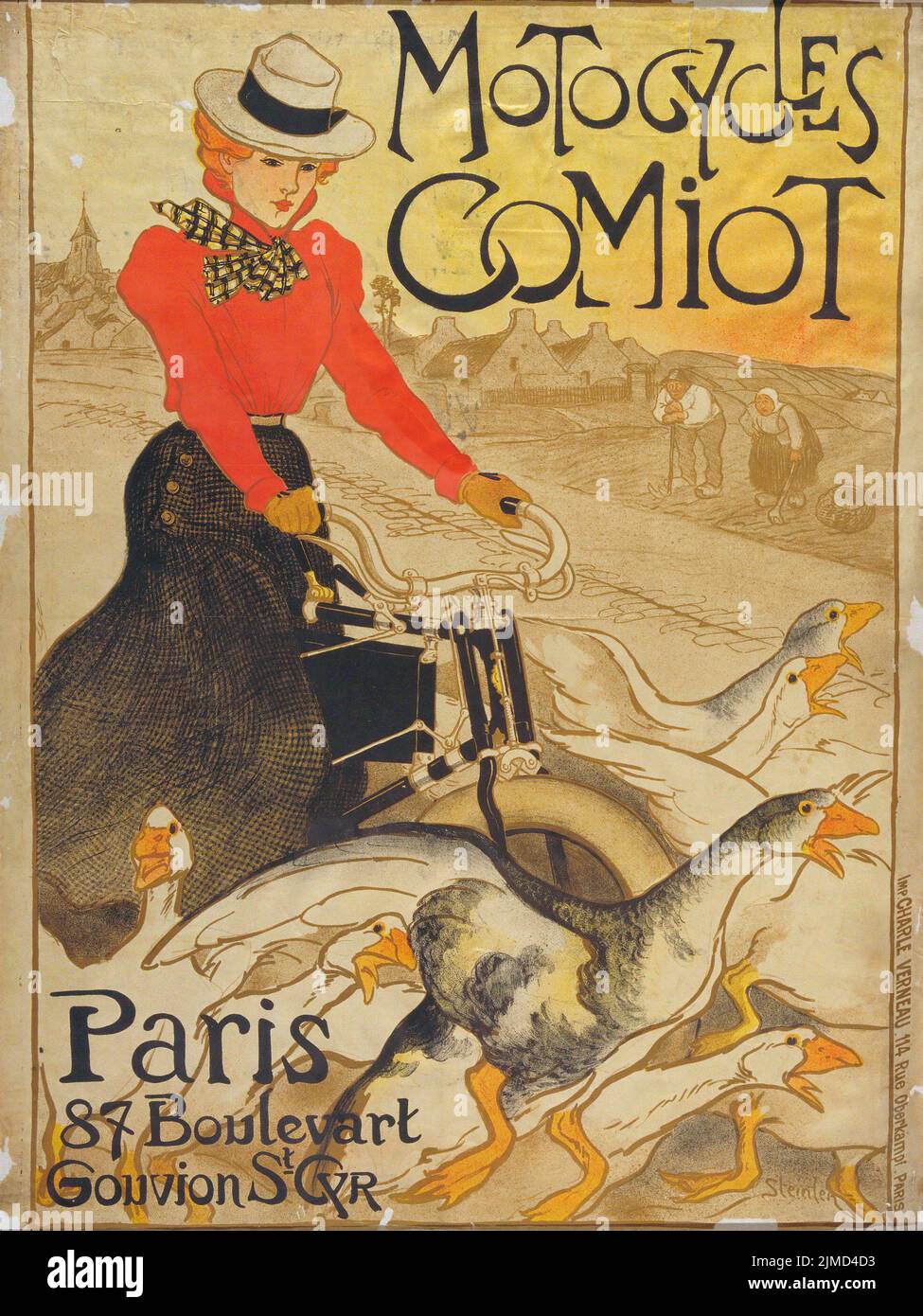 1899 French bicycle ad,  Motocycles Comiot. Illustration by Théophile Alexandre Steinlen Stock Photo
