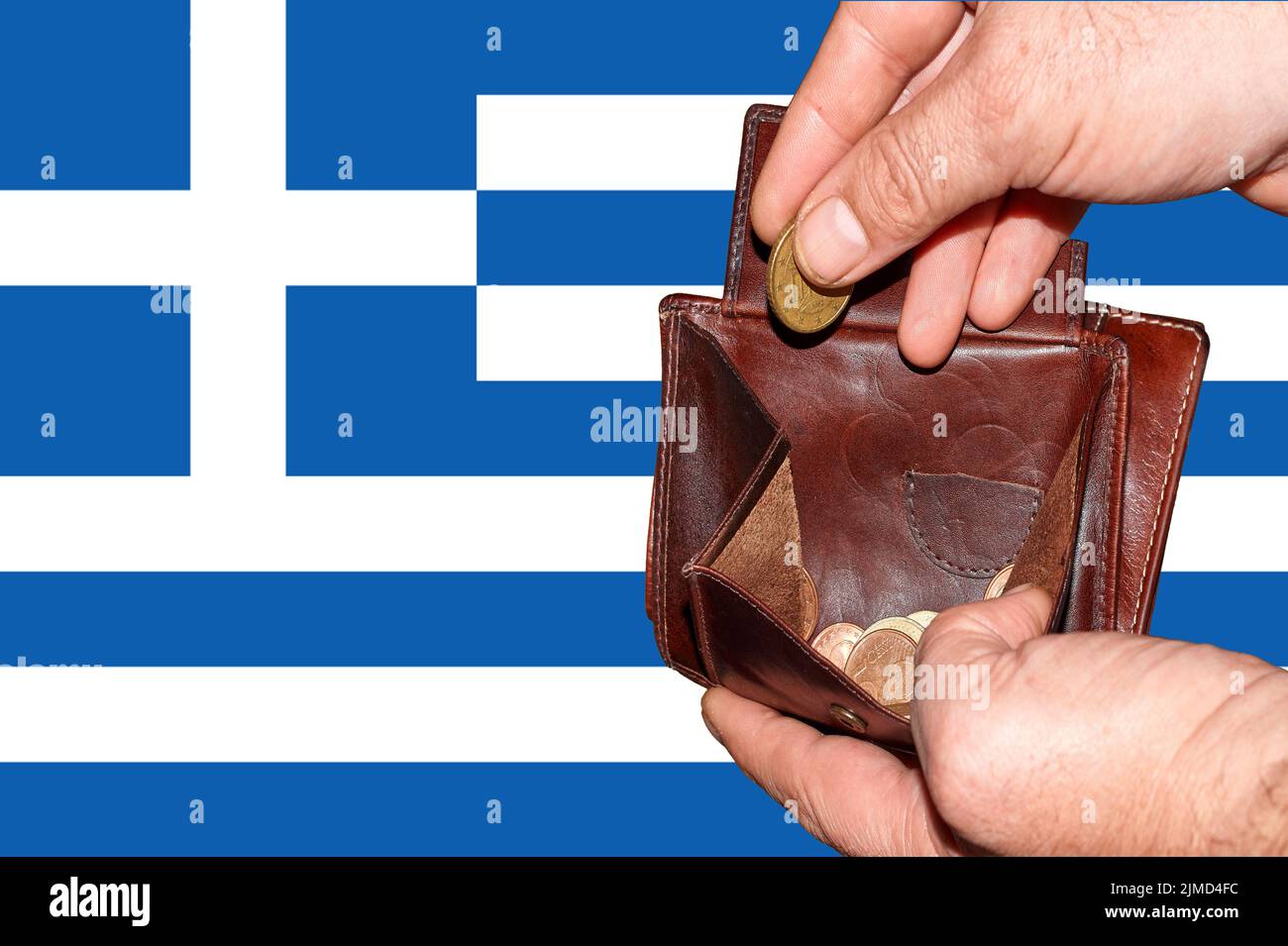 Empty wallet shows the global financial economic crisis triggered by the corona virus in Greece Stock Photo