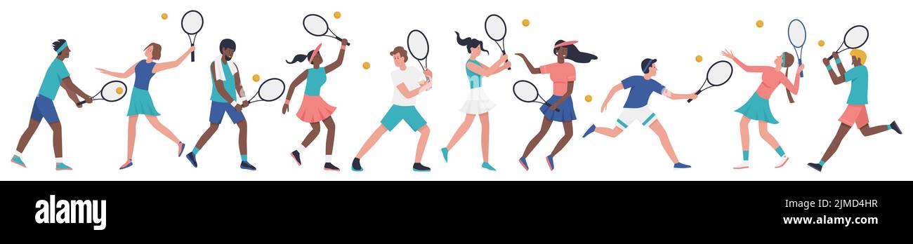 People play tennis, actions of players set vector illustration. Cartoon diverse group of man and woman holding rackets and playing, athletes jumping for ball during match isolated white. Game concept Stock Vector