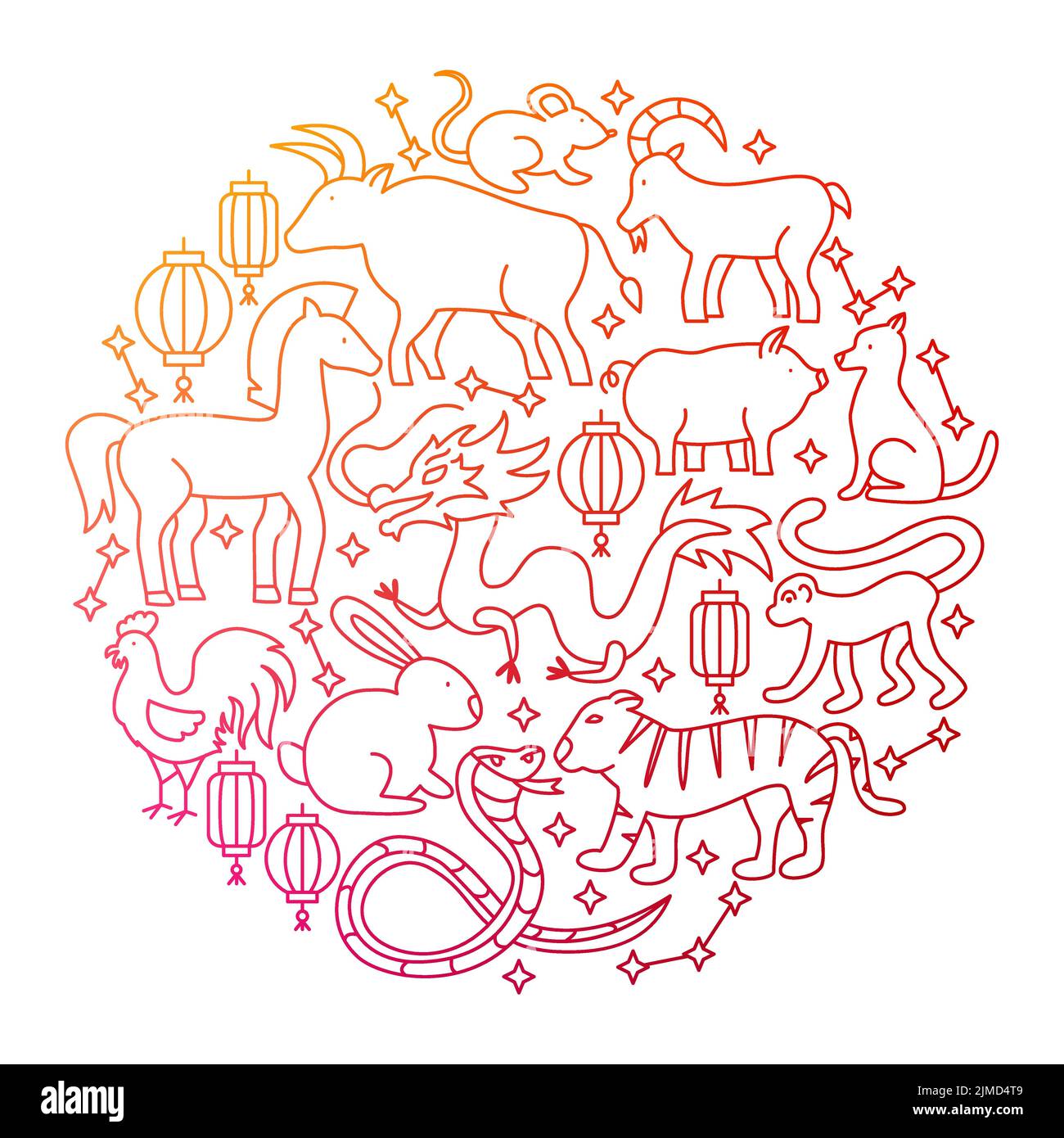 Chinese Zodiac Line Icon Circle Design Stock Vector