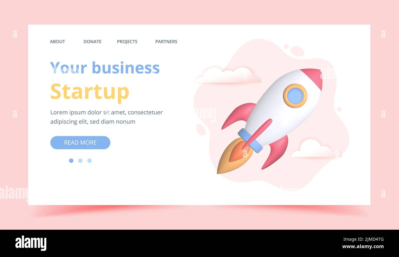 3d business startup with rocket. Innovative creative business ideas, investment and fundraising. Landing page or website template. Vector illustration Stock Vector