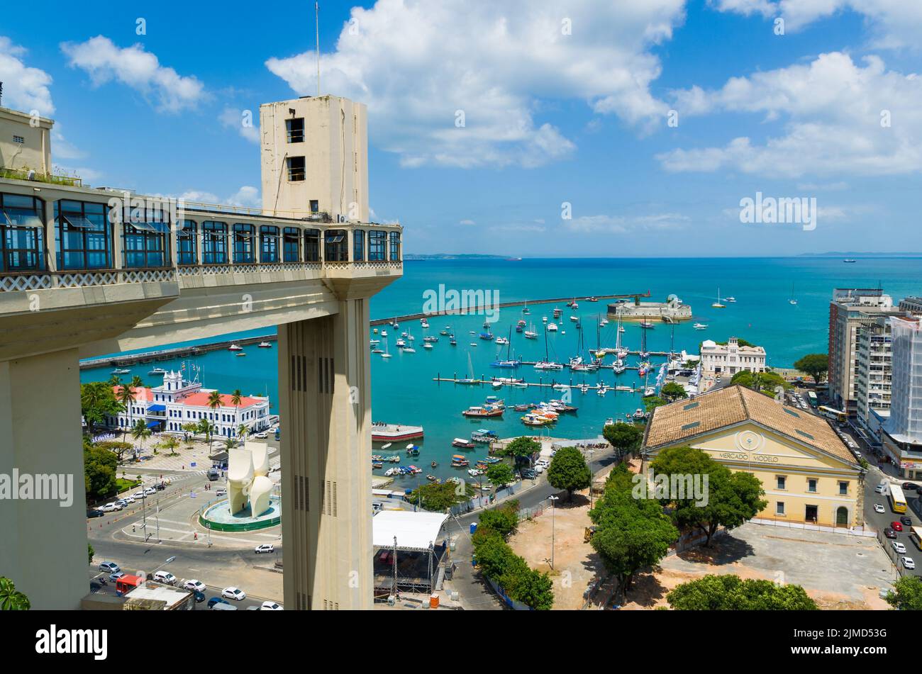 View of the Lacerda Elevator and the Todos os Santos Bay in Salvador, Bahia, Brazil. Stock Photo