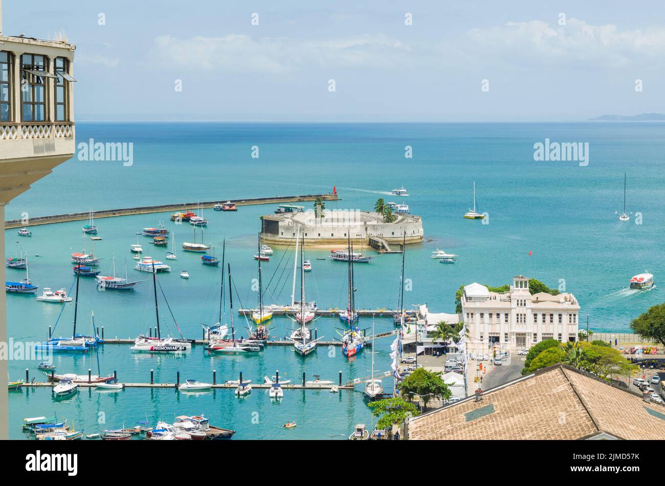 View of the Lacerda Elevator and the Todos os Santos Bay in Salvador, Bahia, Brazil. Stock Photo