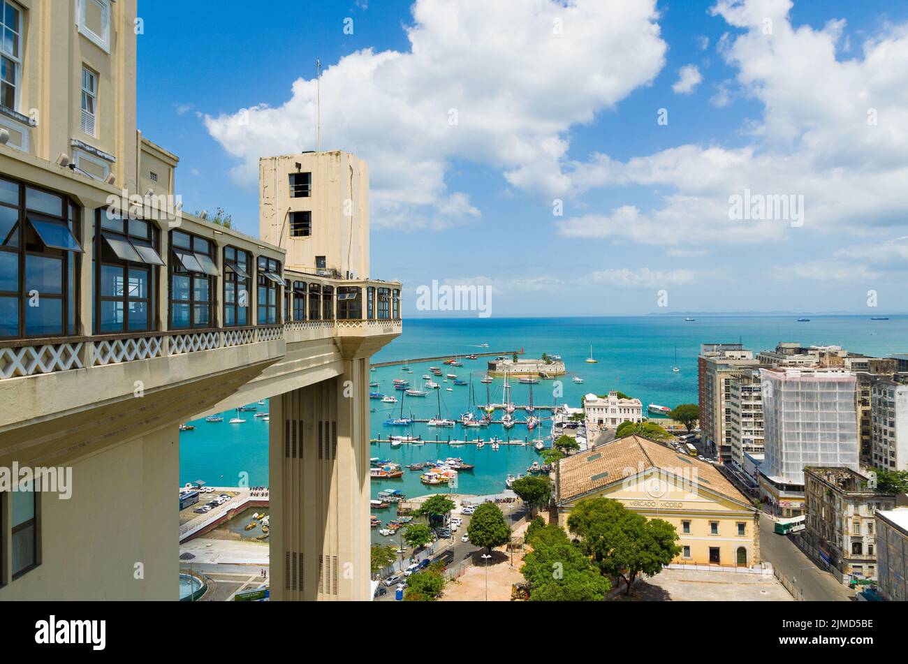 View of the Lacerda Elevator and the Todos os Santos Bay in Salvador, Bahia, Brazil. Stock Photo