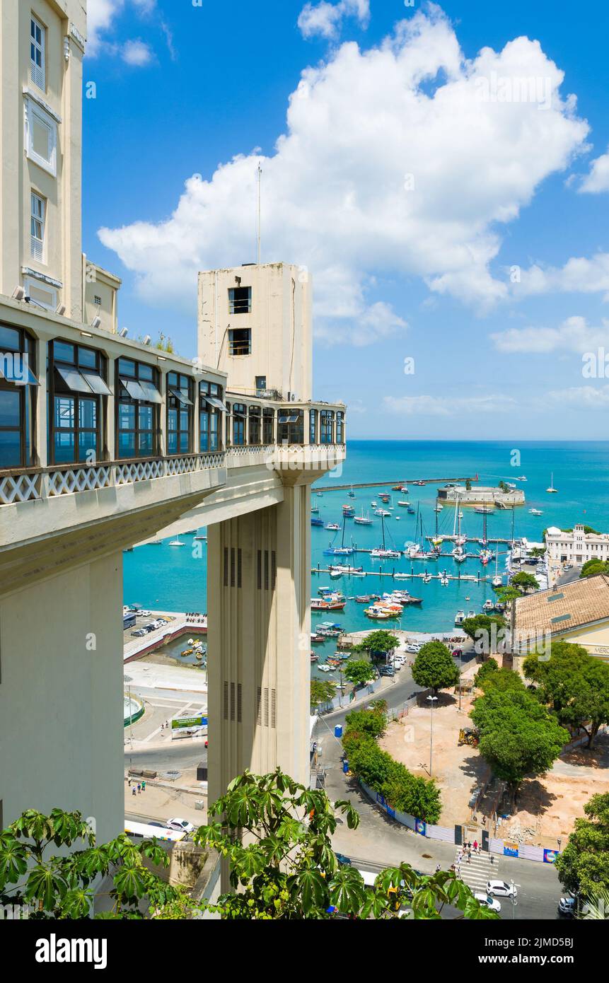 View of the Lacerda Elevator and the Todos os Santos Bay in Salvador, Bahia, Brazil. Stock Photo