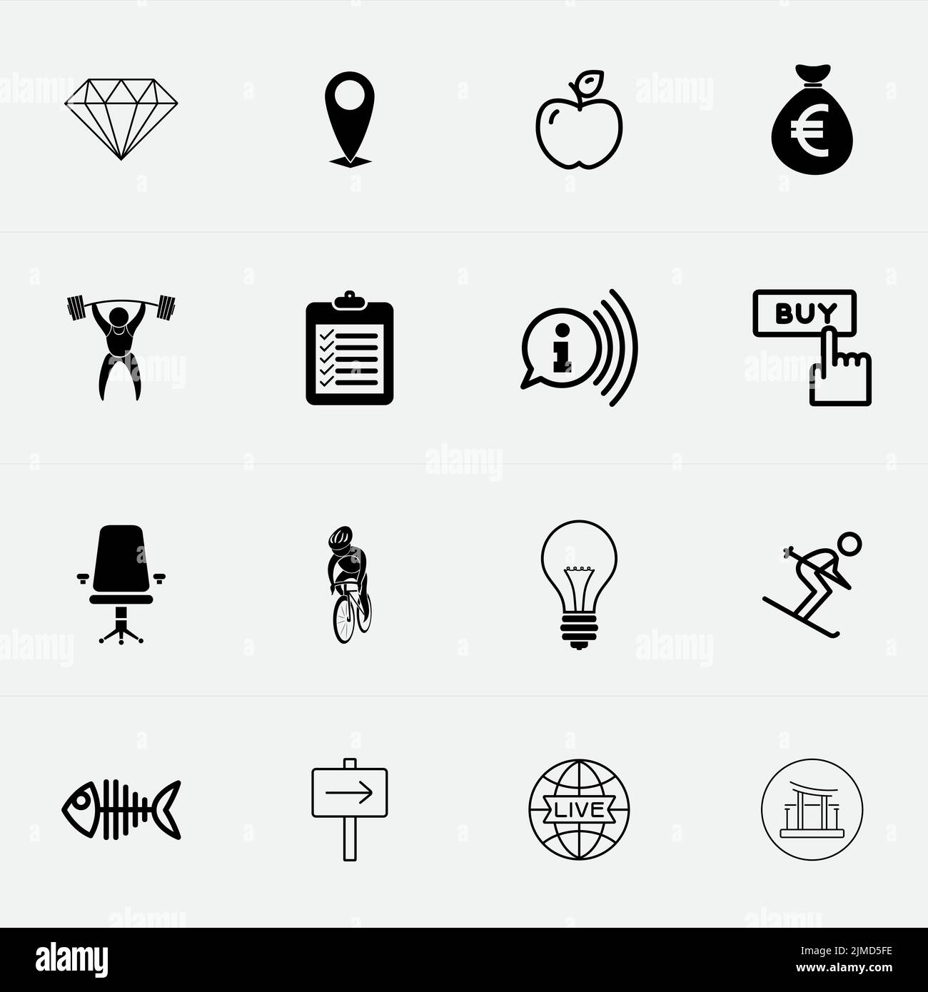 Various icons set include map, gems, food, electricity, sports, office icon Stock Vector